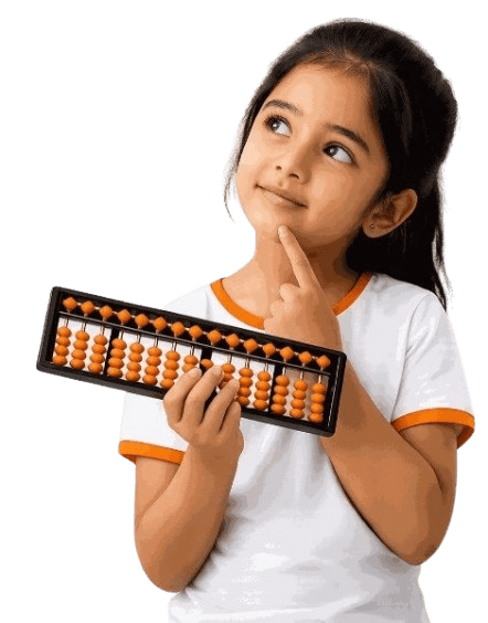 A girl holding a real abacus and thinking, picturing the beads to solve sums mentally