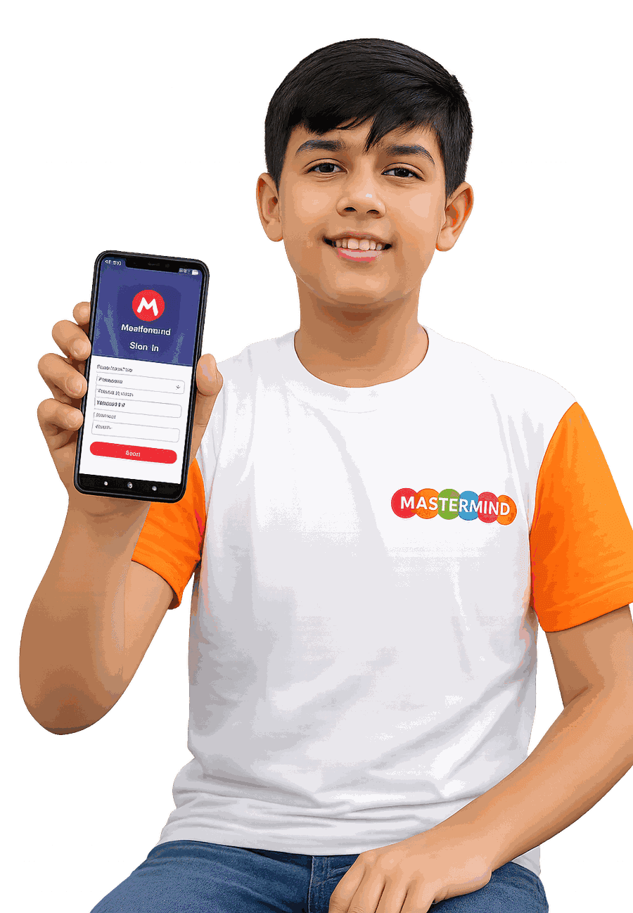 A Mastermind Abacus student holding a phone showing the Learn & Grow student app sign-in screen
