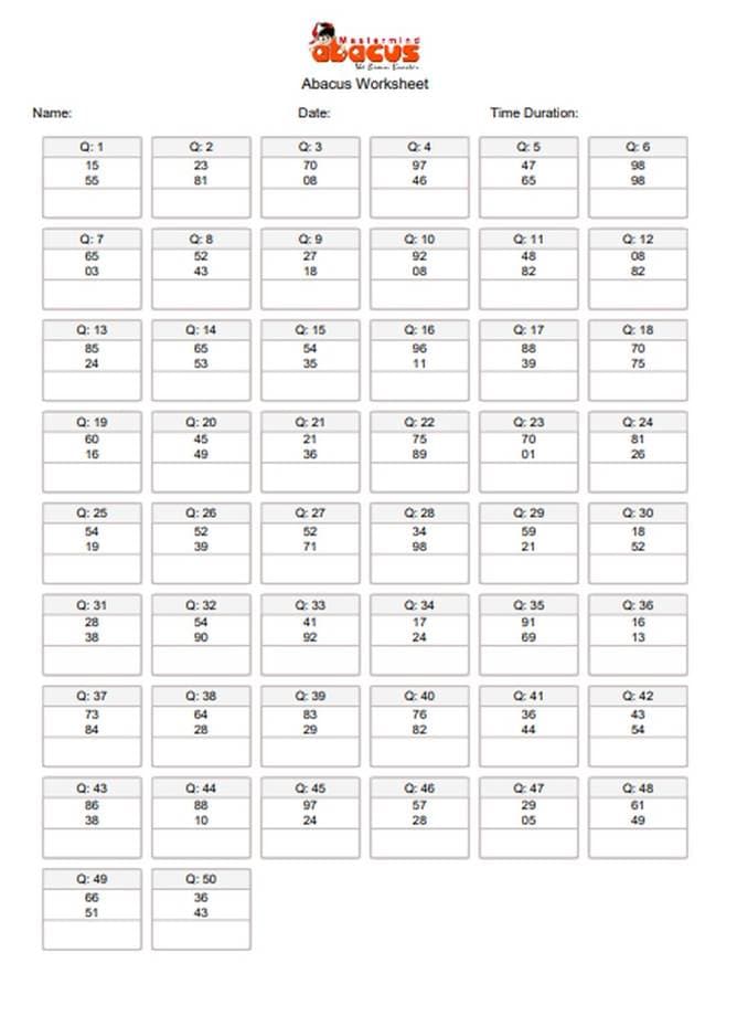 A printable Mastermind Abacus practice worksheet with 50 numbered questions, name, date and time-duration fields