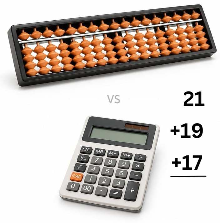 Abacus versus calculator — a child using an abacus solves 21+19+17 mentally, faster than a calculator
