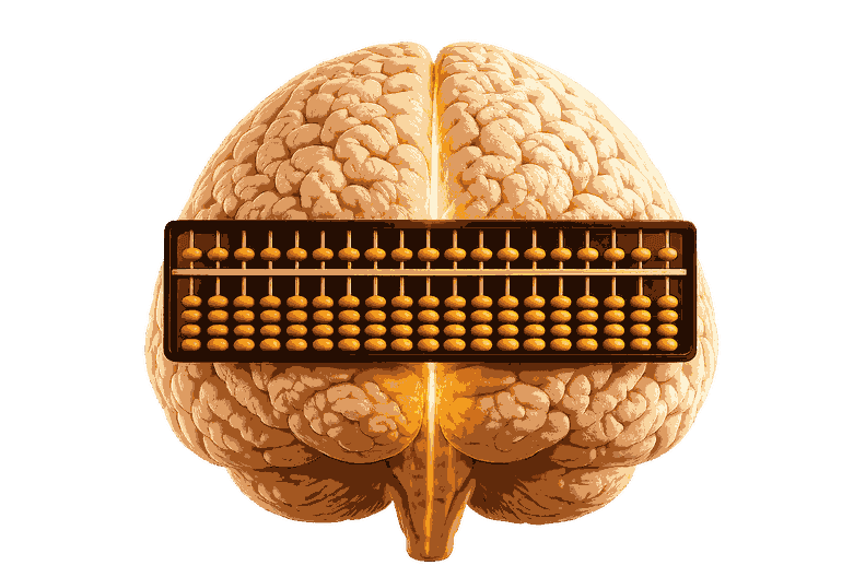 A human brain with an abacus across it, symbolizing abacus training's effect on brain development