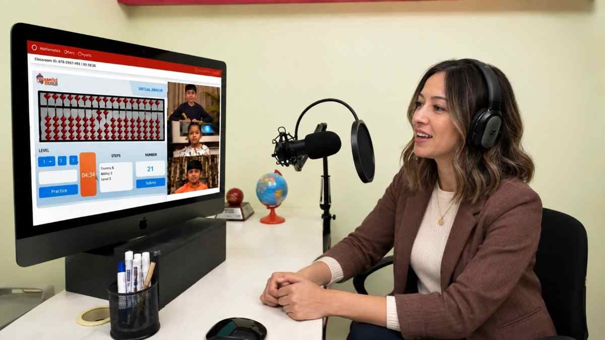 A child taking a live online abacus math class at home