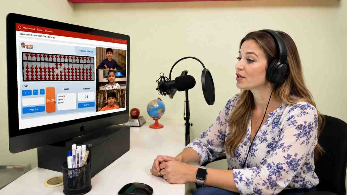 A child taking a live online abacus class at home
