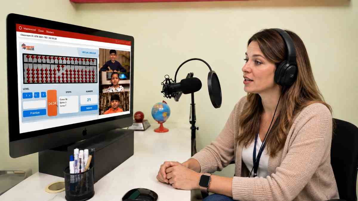 A child taking a live online abacus class at home