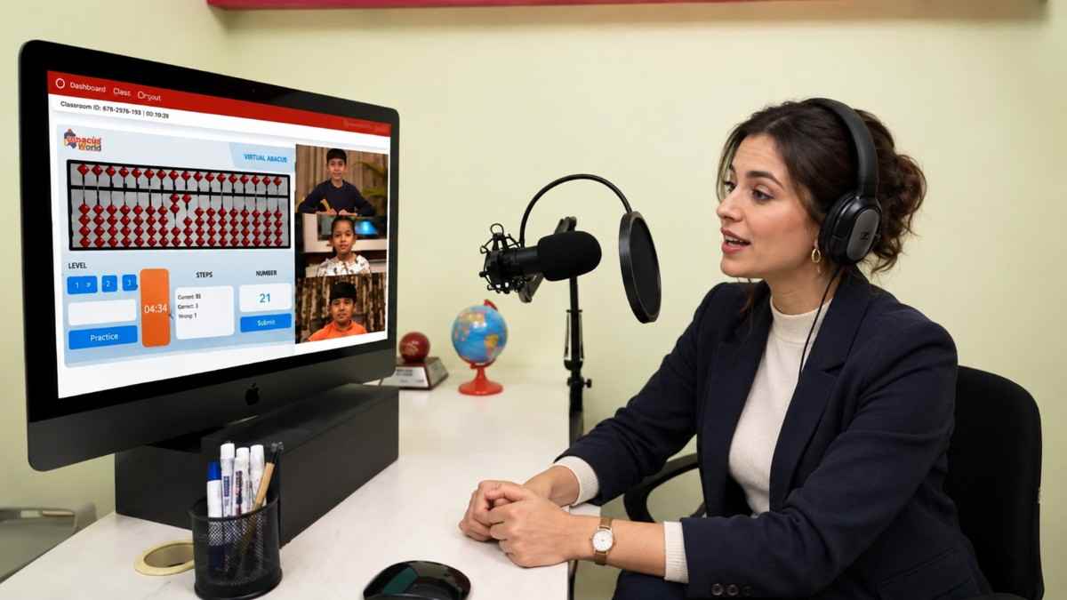 A child taking a live online abacus class at home