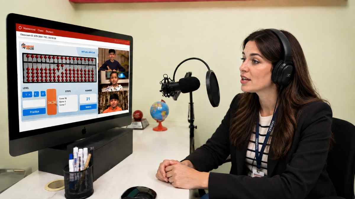 A child taking a live online abacus class at home