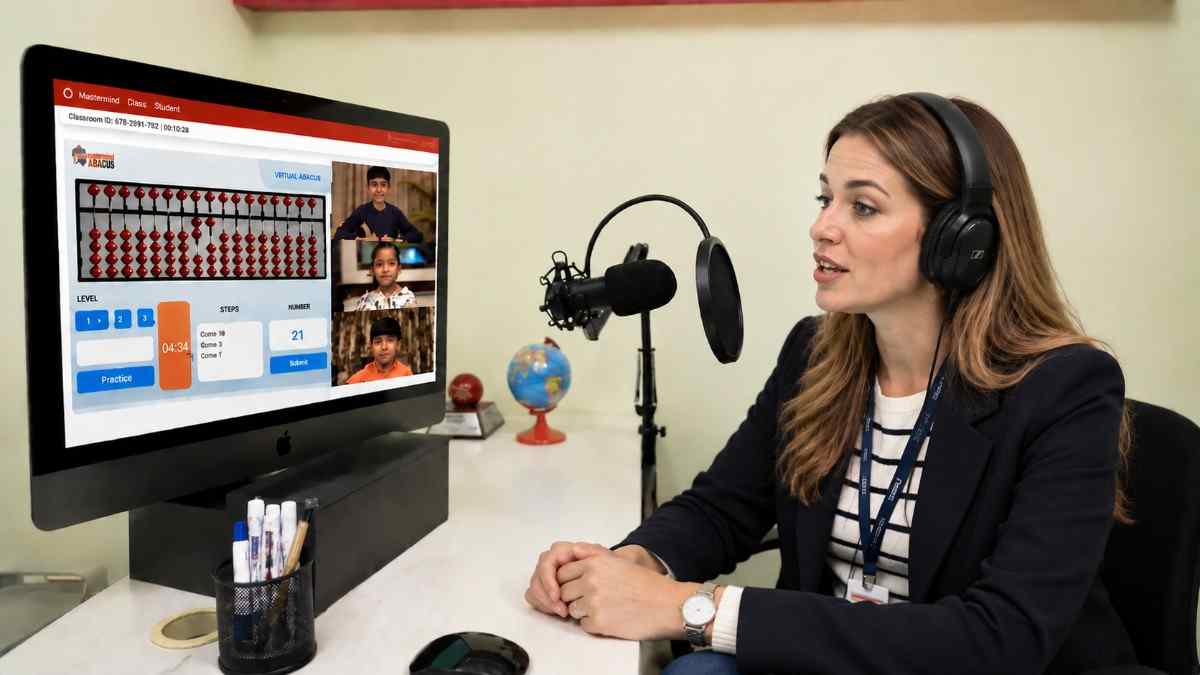 A child taking a live online abacus class at home