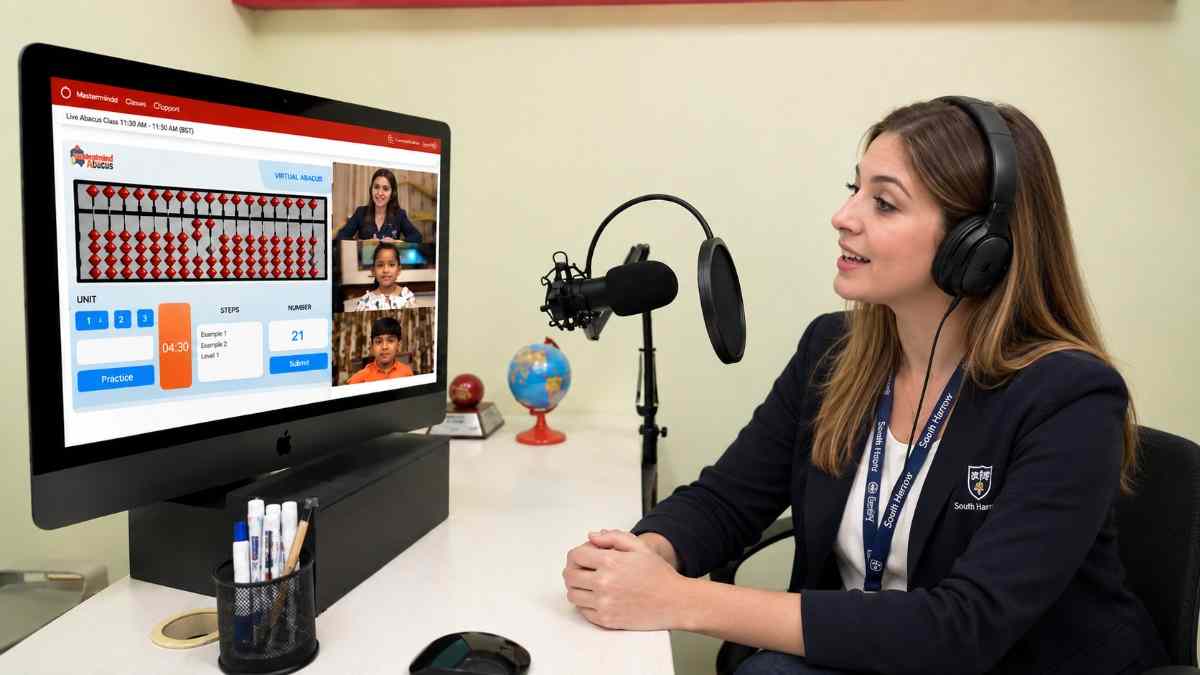 A child taking a live online abacus class at home