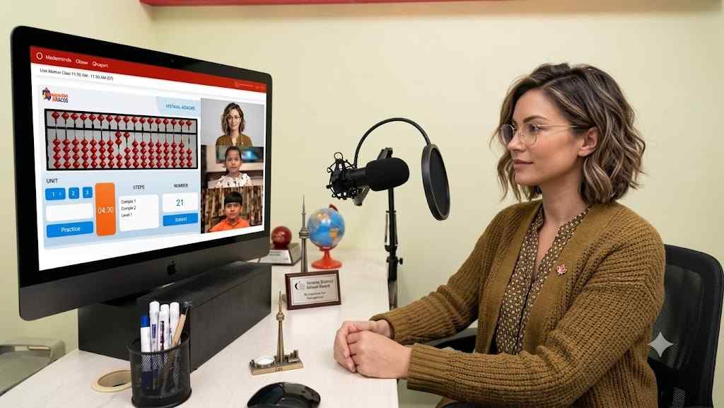 A child taking a live online abacus class at home