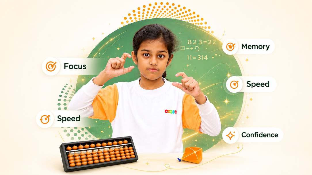 Mastermind Abacus student practising mental math, surrounded by the key benefits of abacus training: focus, memory, speed and confidence