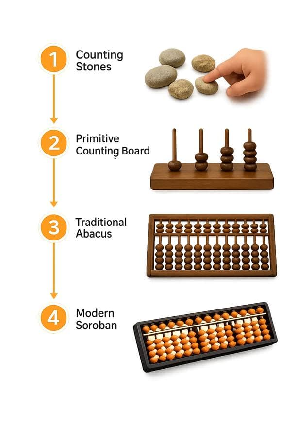 The evolution of the abacus: counting stones, primitive counting board, traditional abacus, and modern soroban